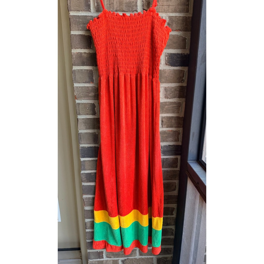 Niki Lu Vintage 70s Terry Cloth Smocked Maxi Dress Cover Up Womens Medium Orange - Picture 4 of 7